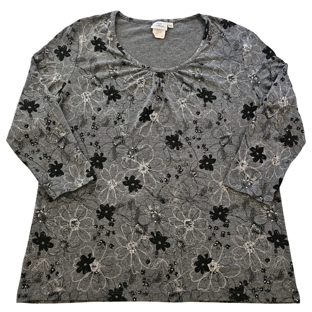 Hot Cotton Womens XL Dark Grey Floral Scoop Neck 3/4 Sleeve Blouse Made in USA